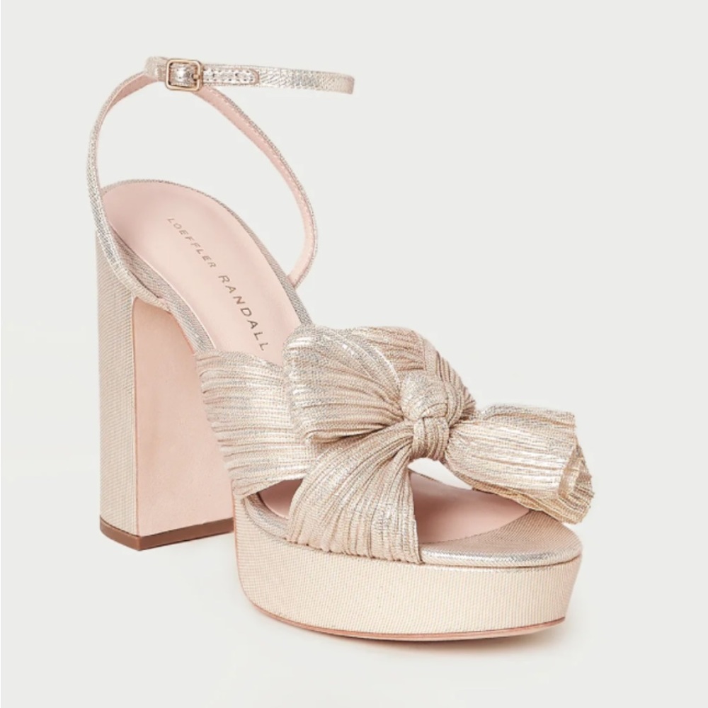 Loeffler Randall Shimmery Gold Knot Bow Block-Heel Sandals